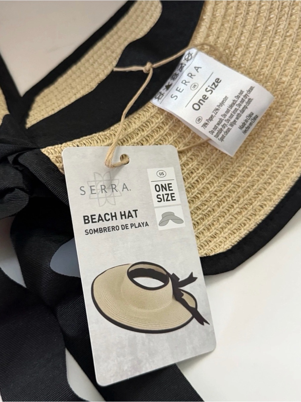 Serra Wide Brim Visor Beach Hat Beige Black Bow Women's Paper Polyester One Size - Picture 7 of 9